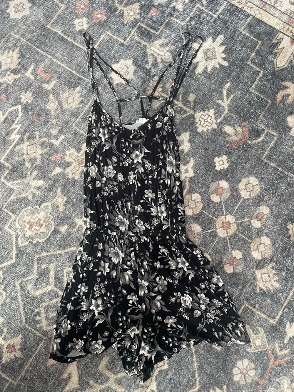 American Eagle Outfitters Black and White Floral Spaghetti Strap Romper
